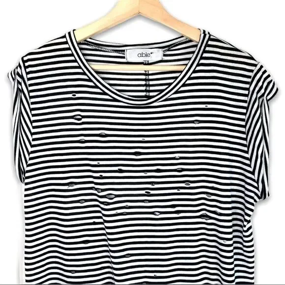 able Striped Distressed Slashed Rolled Sleeve Top - Picture 3 of 8